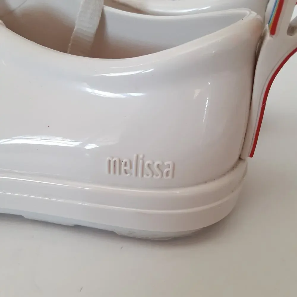 Mini Melissa White Rainbow Stripe Gel Sneakers Girls 2 Lace Up Mel by Melissa